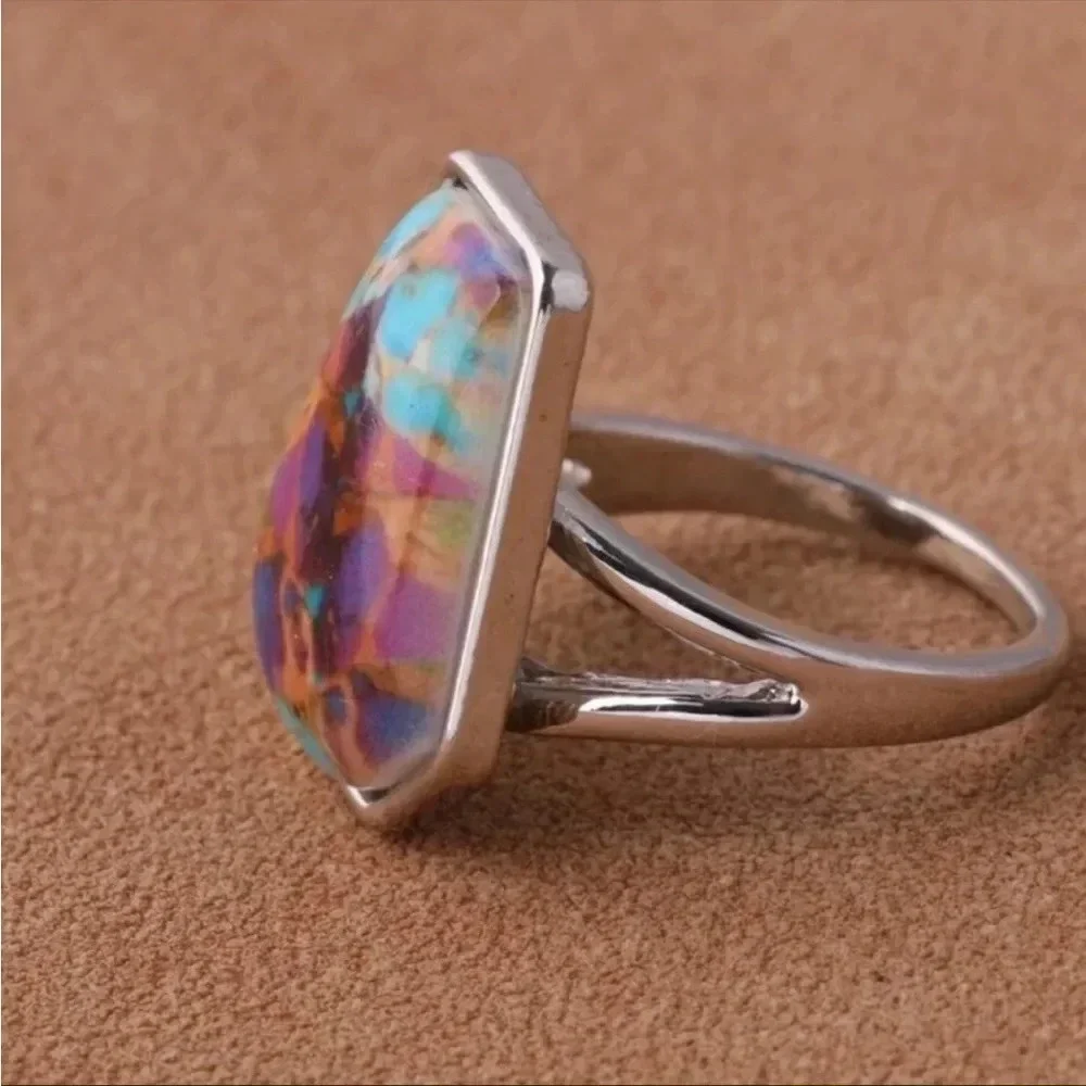 Boho Colorful Gemstone Silver Ring | Statement Cocktail Ring Size 9